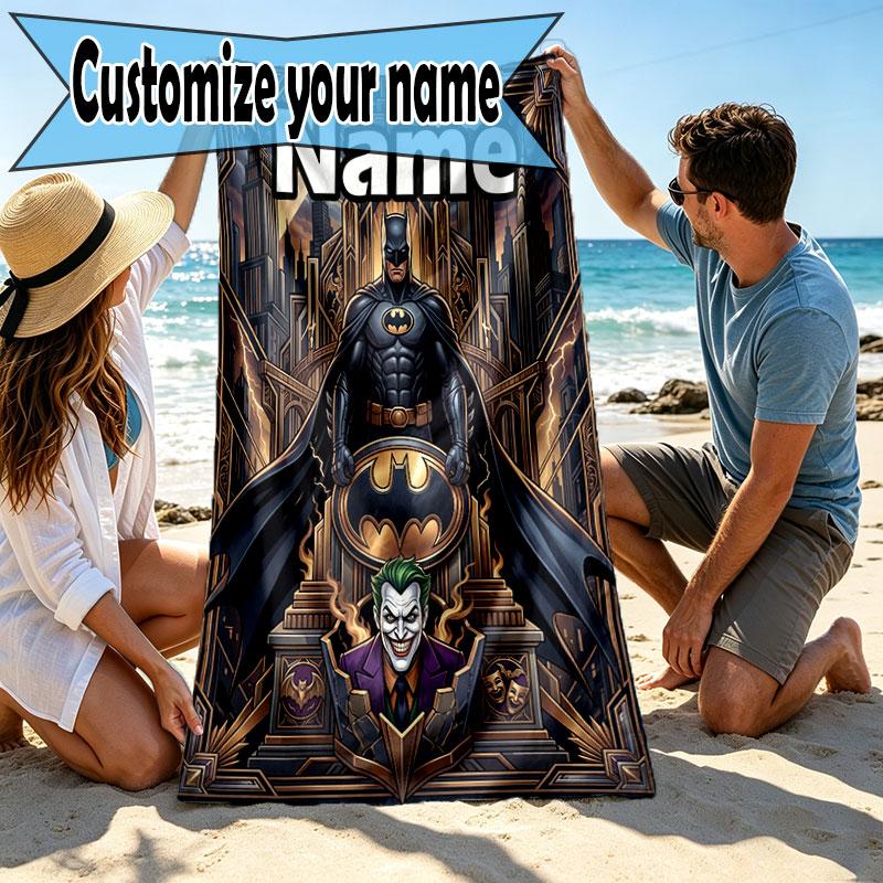 Custom Name Personalized Batman Print Beach Towel, for Trip Camping Beach Party Home Decor, Birthday Gift for Family & Friends