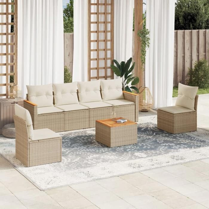 VidaXL Salon de Jardin avec Coussins 7 pcs, Canapés de Terrasse, Ensemble de Meubles de Patio, Mobilier d'Extérieur, Beige 3258271