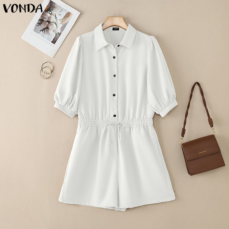 VONDA Women Lapel Collar Half Sleeve Loose Casual Short Jumpsuits Rompers Overalls