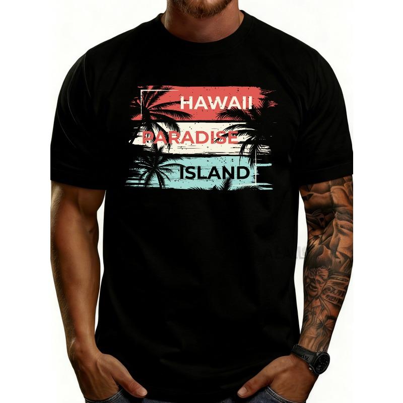 Casual Summer Style Men S T-Shirt Hawaii Paradise Island Tropical Palm Tree Design for Beach Vacation And Warm Weather Gifts for Him S