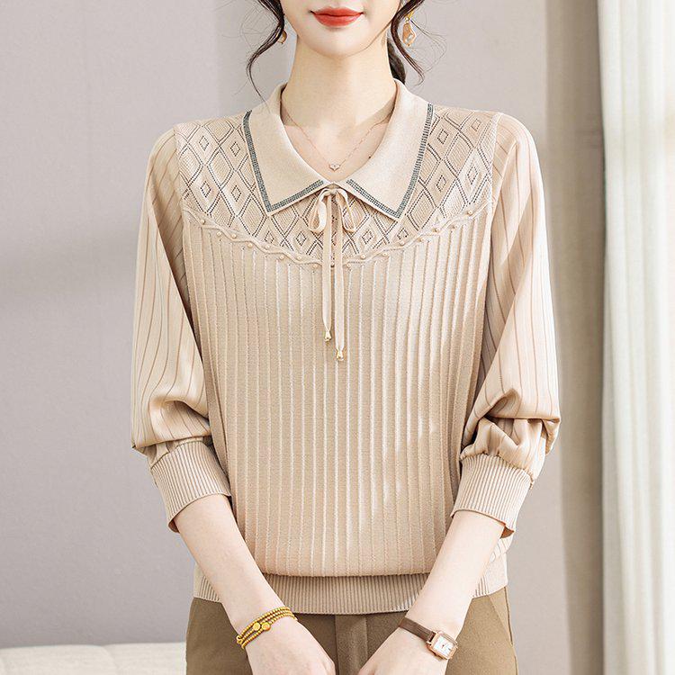 Elegant Retro-Style Women's Knit Top with Lapel Design - Fashionable and Casual for Spring and Autumn