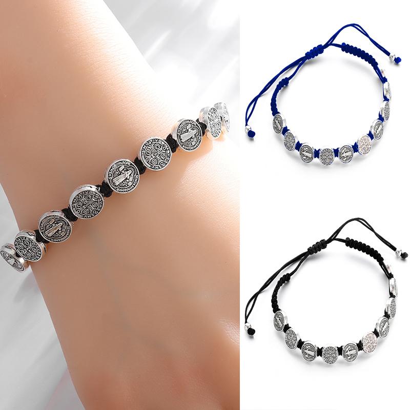 Bracciale Croce di Gesù San Benedetto Catena in Corda Regolabile Intrecciata a Mano Gioielli Cristiani per la Preghiera Fede San Benito per Uomini Donne