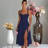 Rochie de damă cu bretele subțiri, talie înaltă, spate decupat, decolteu în V, culoare solidă, lungime până la genunchi, design modern