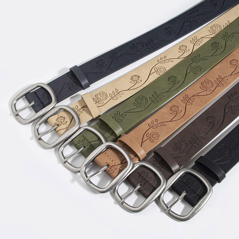 Old Style Embossed Faux Leather Waist Belt With Pin Buckle For Vintage Fashion