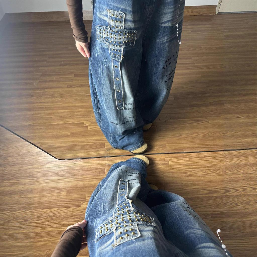 2025 American Spicy Girl Wide-Leg Rivet Distressed Jeans for Women - Autumn Street Style