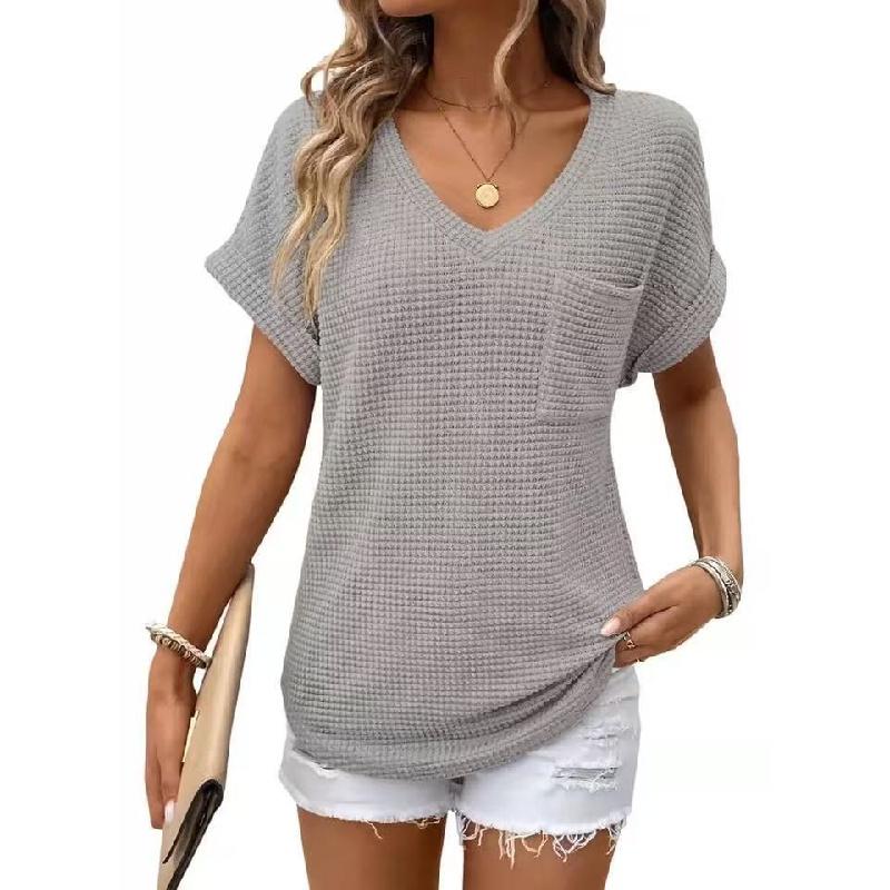 2026 Women's V-neck Summer Waffle Pocket Short Sleeve T-shirt