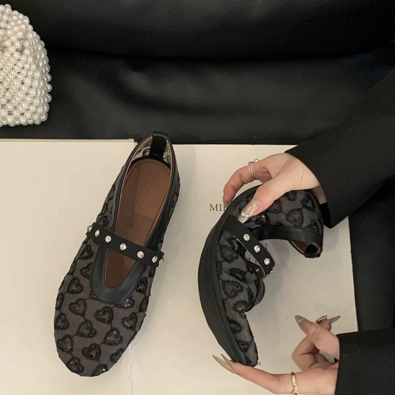 Flat Shoes Spring New Round Head Shallow Mouth Glitter Embroidery Mesh Crystal with Soft Sole Non-slip Shoes