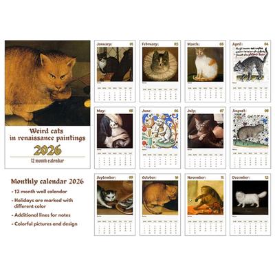 2026 Wall Calendar 12-Month Strange Cats In Renaissance Paintings Calendar for Home Office Unique Historical Cat Art Calendar for Cat Lovers