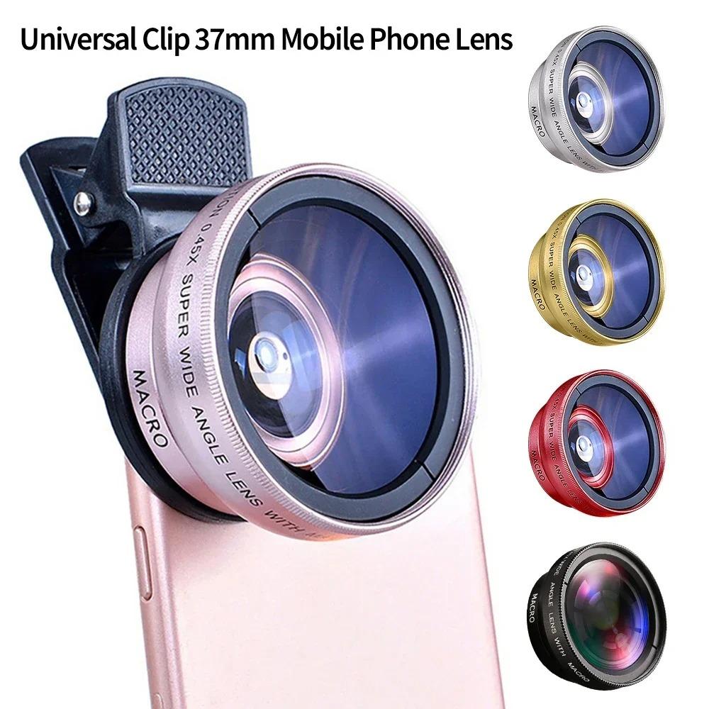 2IN1 Lens Camera Universal Clip 37mm Professional 0.45x 49uv Super Wide-Angle Macro Lens For iPhone 15 12 Samsung Huawei Xiaomi