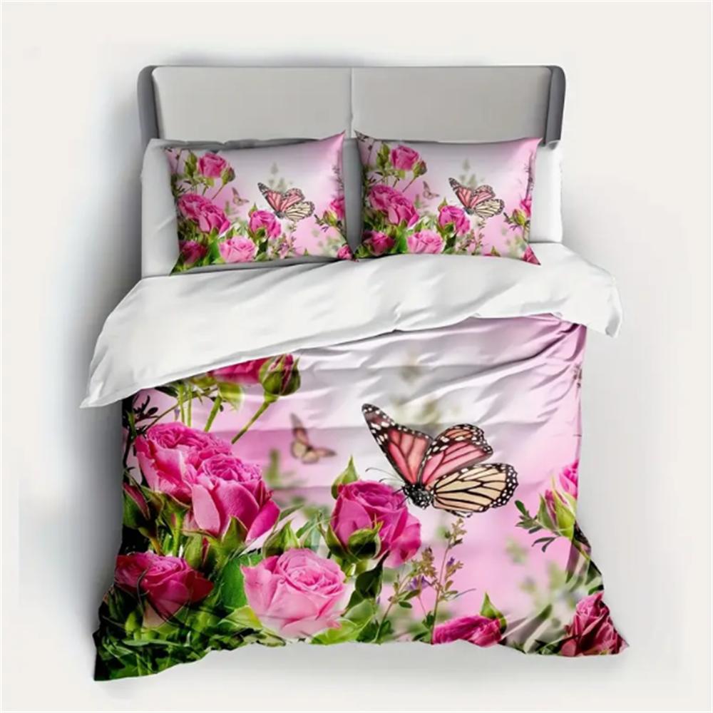 3-delt luksuriøst rosa rose sommerfugl digitaltrykk dynetrekksett - Ultramykt, komfortabelt og livlig design for soverom