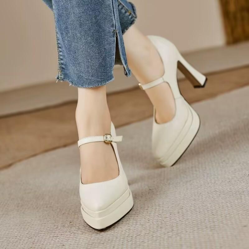 Super Wysokie Obcasy Słupkowe Buty Jednolite Szpiczasty Nosek Płytki Dekolt Platforma Mały Pasek Szpilki