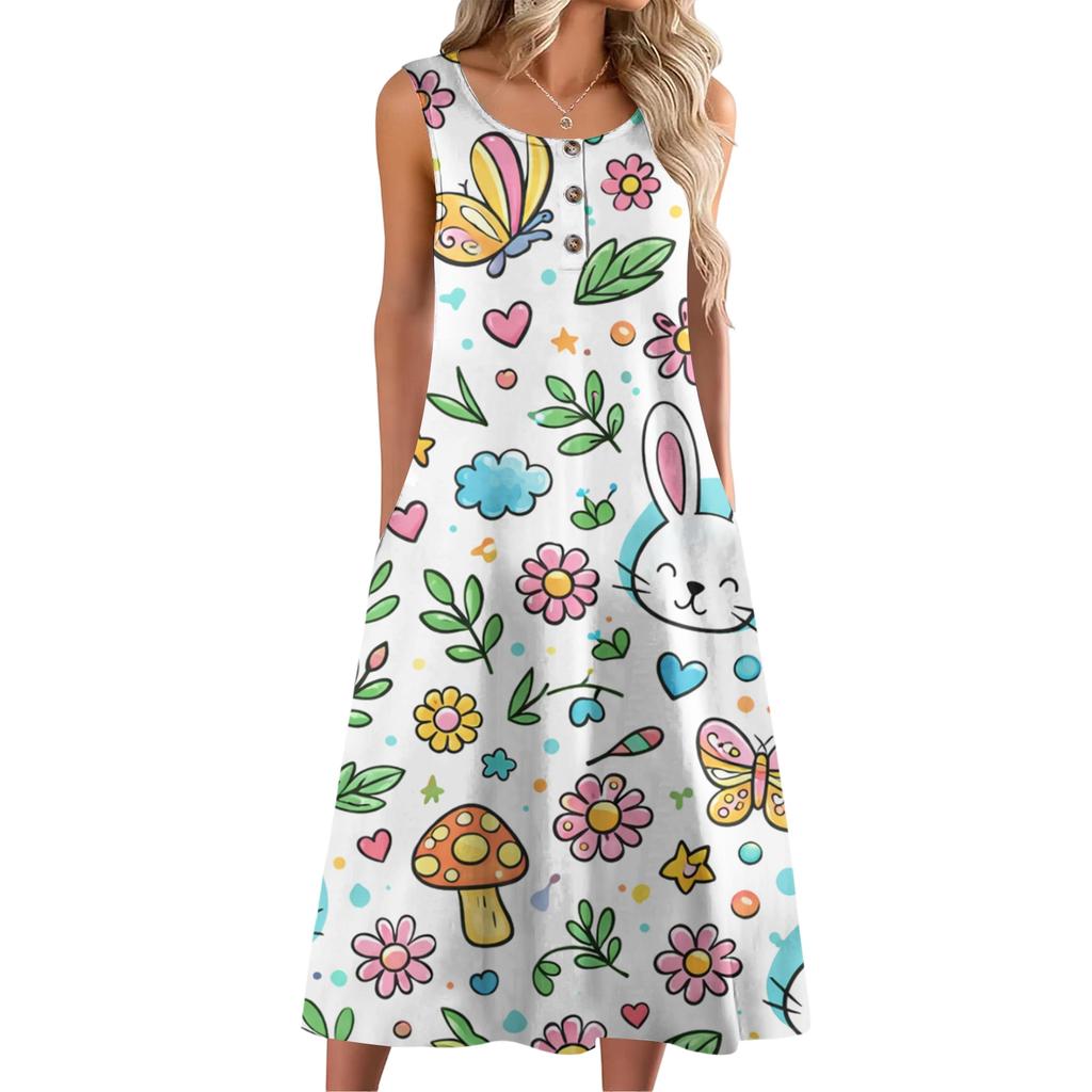 Dámské módní ležérní bezrukávové knoflíkové velikonoční potisk šaty s kapsou