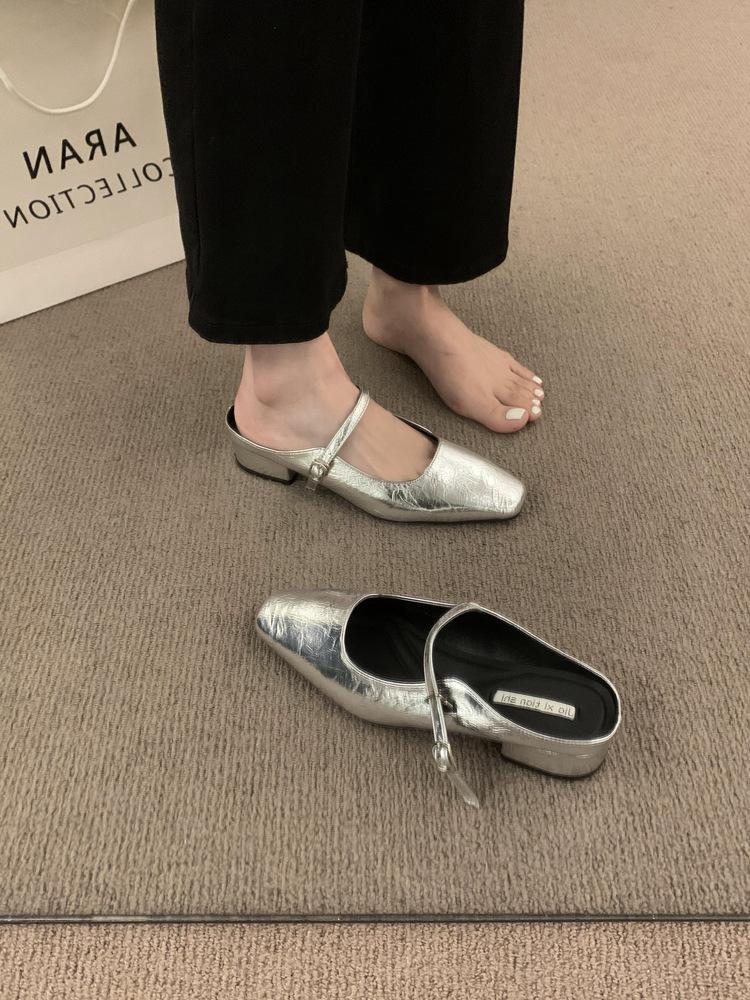 French retro bag head half slippers women's summer wear Korean version of gentle style evening shoes thick heel muller shoes half tray single shoes