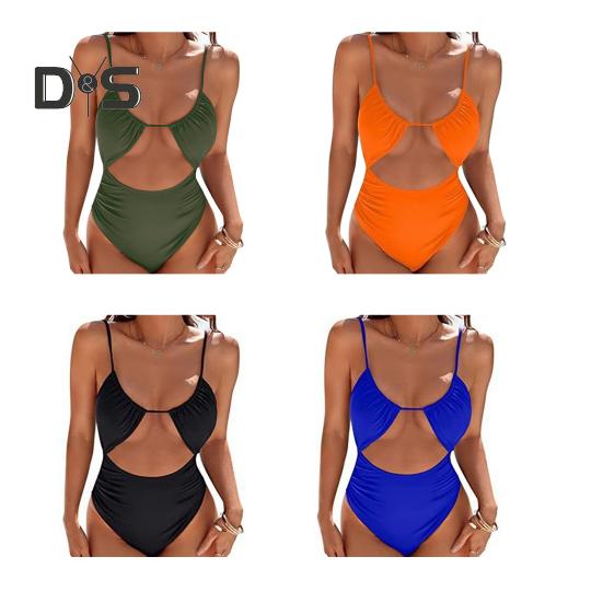 Women One-piece Swimsuit Sling High Waist Hollow Monokini Solid Color Quick Drying Elastic Fabric Beachwear with Chest Pad