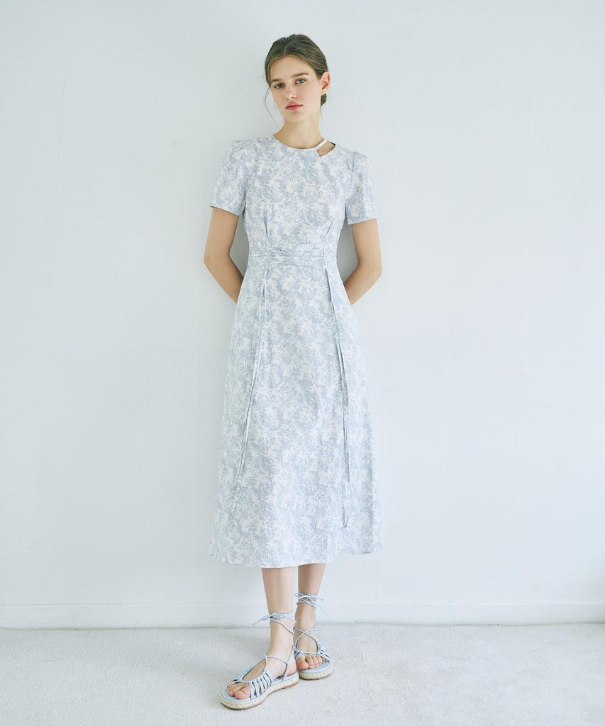 Etmont Neck Cut-Out Shirring Dress Light Blue