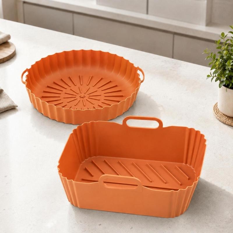 Round and Square Cooking Basket Trays in Reusable Silicone with Grip Handle Design and Crumb Collecting Base Pair