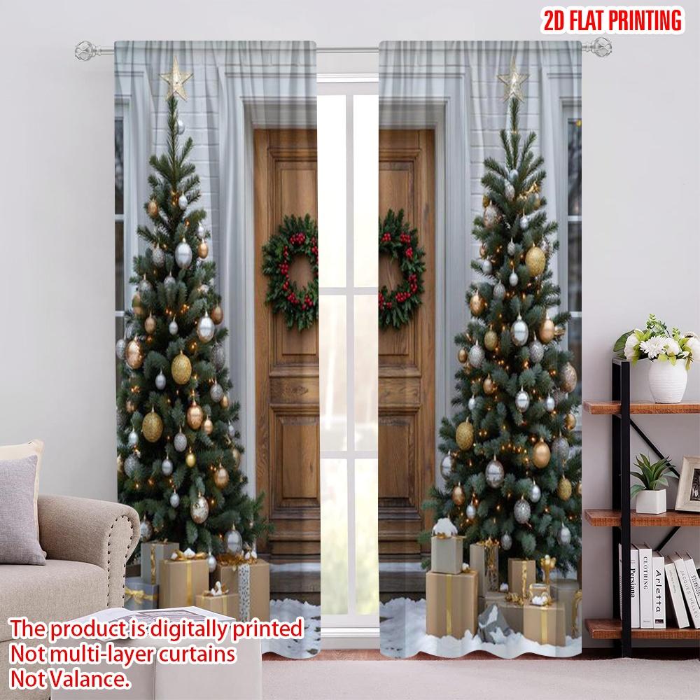 

Set Of 2 Flat Printing Christmas Window Drapes White Wall Snowflakes Tree Wreath Curtain Polyester Machine Washable W100*H70(CM)-Grommet top&1PCS