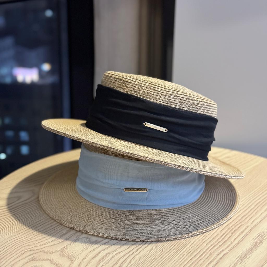Retro French Straw Hat Women's Summer Seaside Sunshade UV Protection Pleated Flat Edge Hat Women's Sun Hat Flat Top Hat