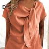 Women Midi Dress Decorated Collar Straps Short Sleeve Dress Solid Color Loose Fit Summer Casual Dress
