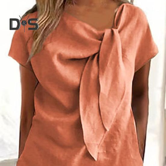 Women Midi Dress Decorated Collar Straps Short Sleeve Dress Solid Color Loose Fit Summer Casual Dress