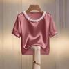 Women's Stylish Pearl Collar Satin T-Shirt: Short-Sleeve, Round Neck, Summer Fashion.