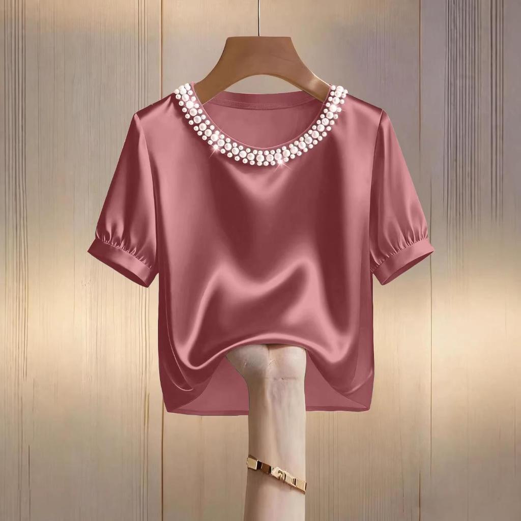 Women's Stylish Pearl Collar Satin T-Shirt: Short-Sleeve, Round Neck, Summer Fashion.