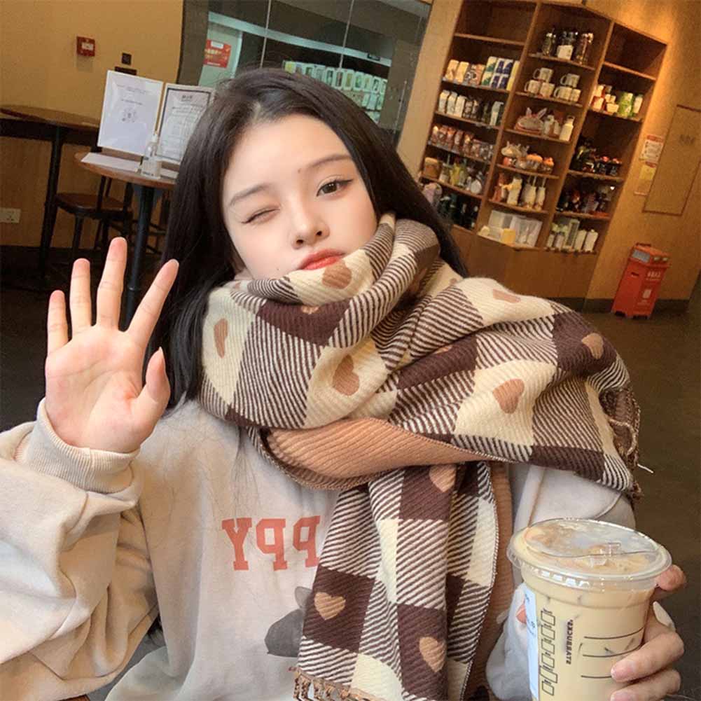 Women Fashion Plaid Scarf Sweet Heart-shaped Printing Warm Thickened Dual-purpose Scarf Shawl