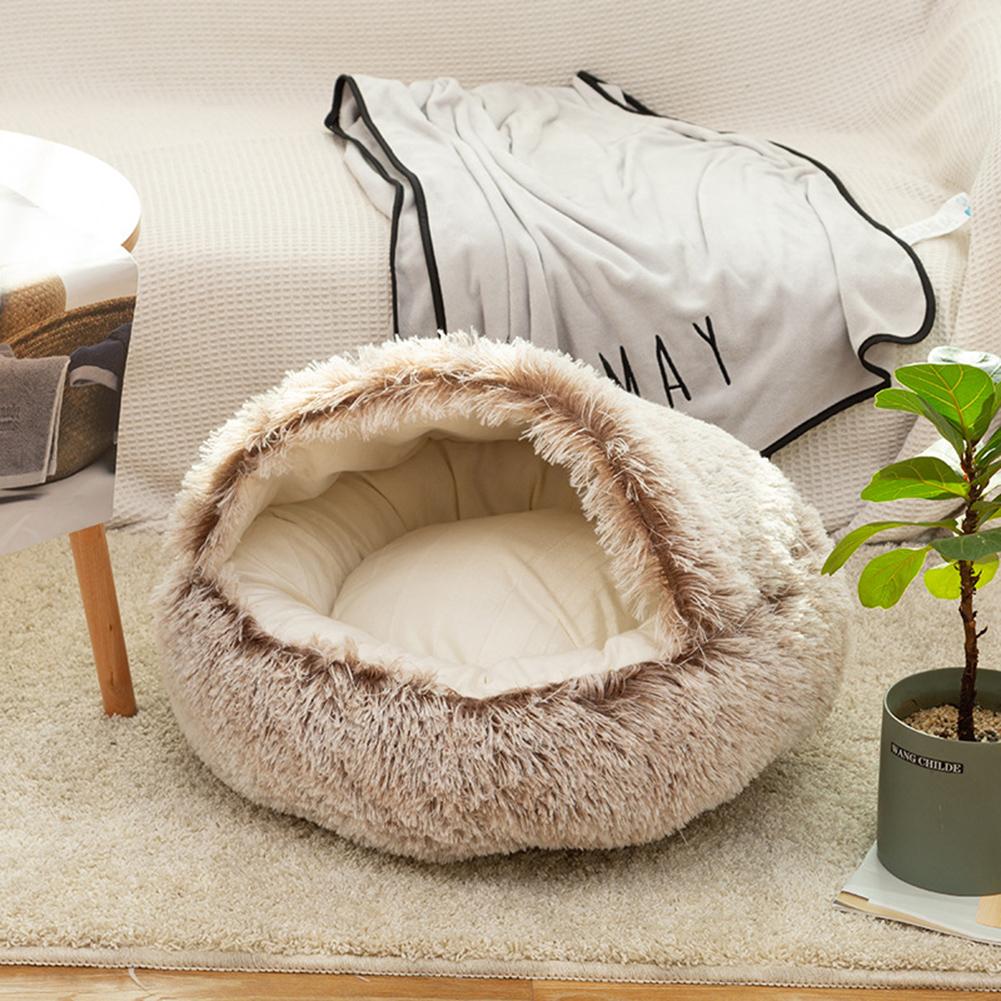 Round Plush Warm Dog Bed Mini Nest House Semi-enclosed Deep Sleep Pet Mat Cushion Blanket Sleeping Bag Puppy Kennel Accessories