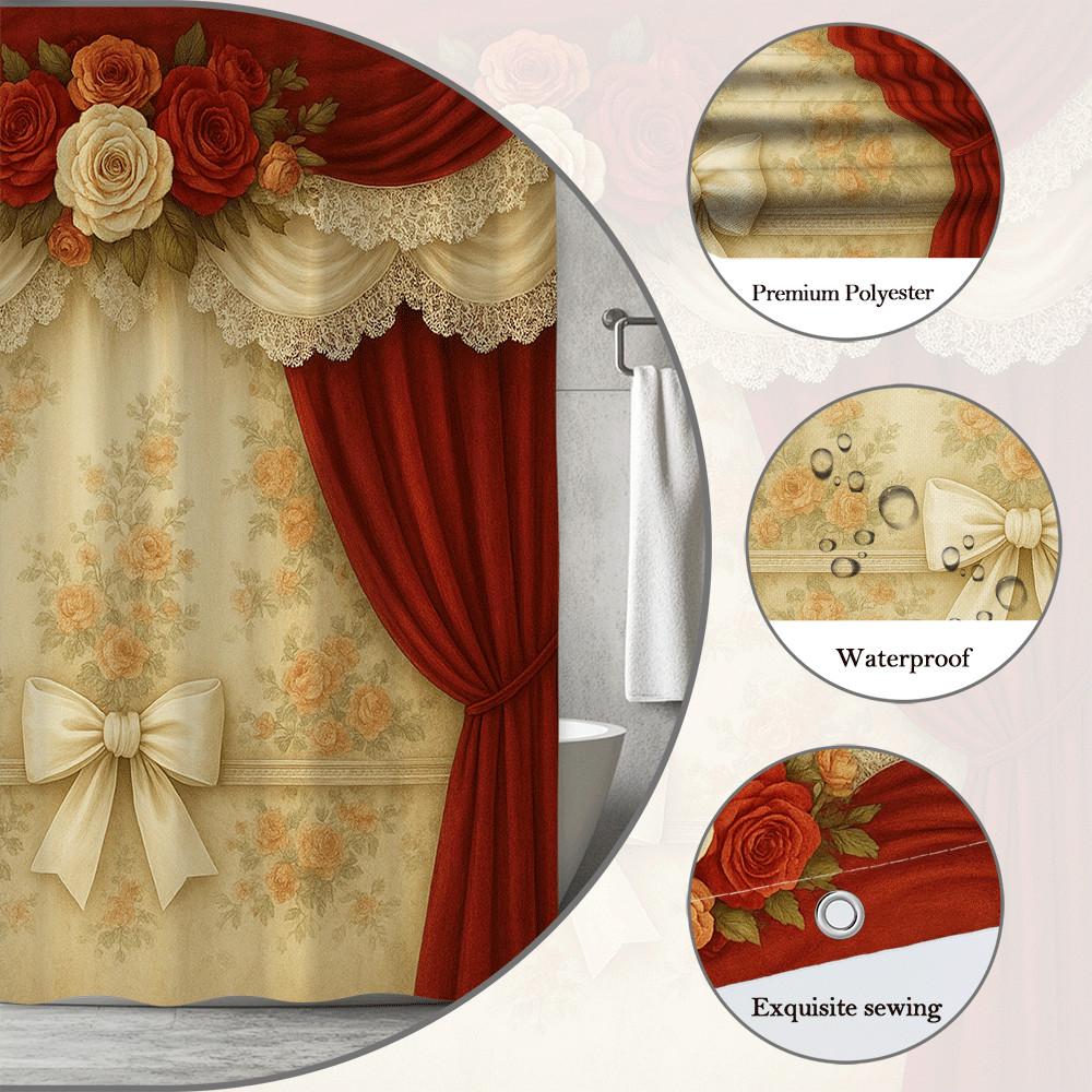 Elegant Red And Gold Curtain Style Shower Curtain Vintage Rose Pattern With Lace Bow Waterproof Easy To Install Elevate Space