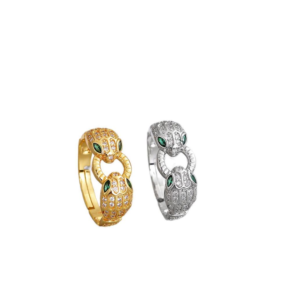 2026 Trendy Gold-Plated Copper Snake Bracelet & Ring Set with Green Eye and Full Diamond Micro-Pave