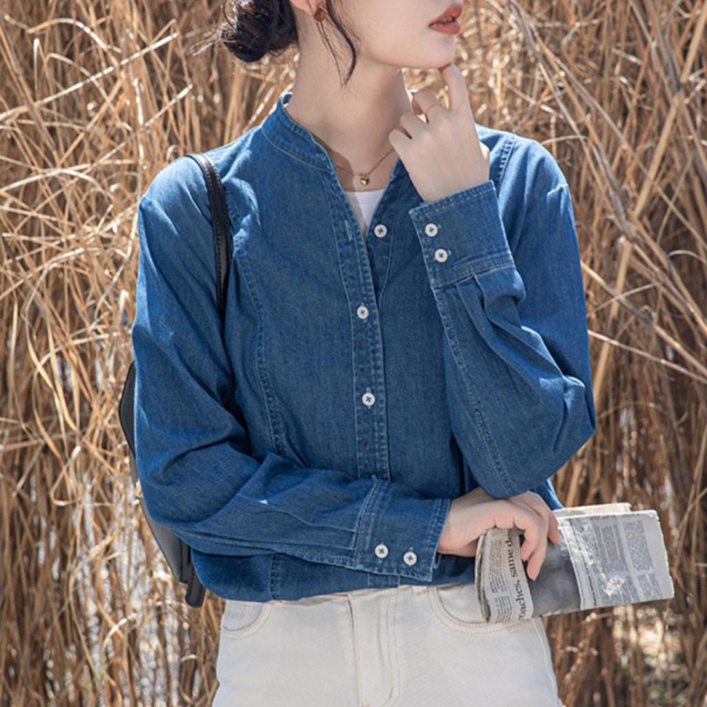 Temperament Chinese Denim Shirt for Women In Winter Retro Hong Kong Style Shirt Loose Long-sleeved Casual Stand Collar Top