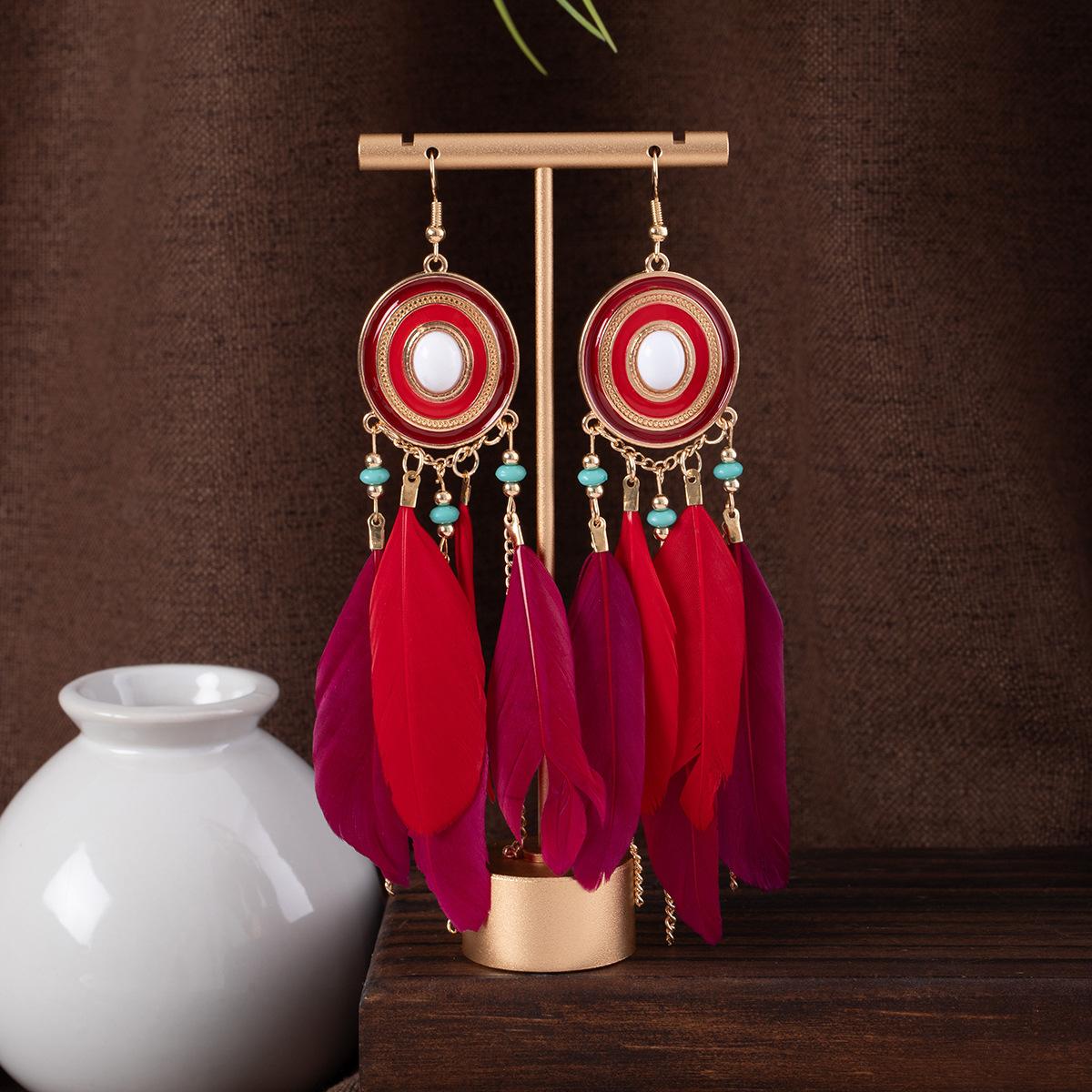 Bohemian Colored Feather Clip Woven Fringed Rice Bead Earrings, Ethnic Style Contrasting Color Design Sense Hollow Earrings