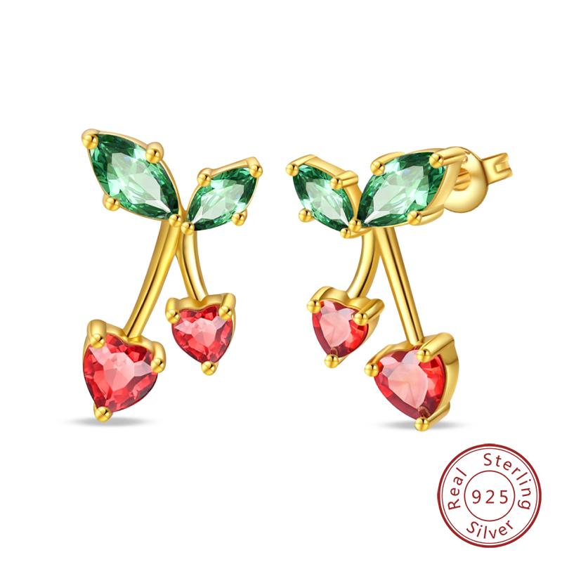 New 925 Silver Bee Butterfly Pink Lily Lotus Earrings For Women Cherry Apple Strawberry Ear Studs Elegant Party Jewelry