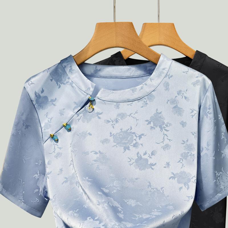 Jacquard Satin Chiffon Top for Women Latest Womens Round Neck Short-sleeved Top for Latest Chinese Style Slanted Placket Top