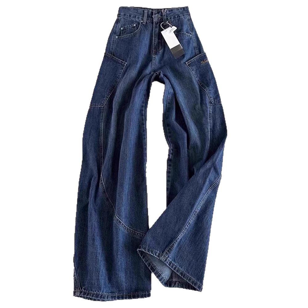 Retro Korean Blue Scimitar Jeans: Women's High-Waist, Wide-Leg, Loose Fit for Spring & Autumn.
