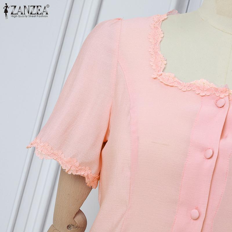 ZANZEA Women Lace Splice Square Neck Short Sleeve Casual Translucent Blouse