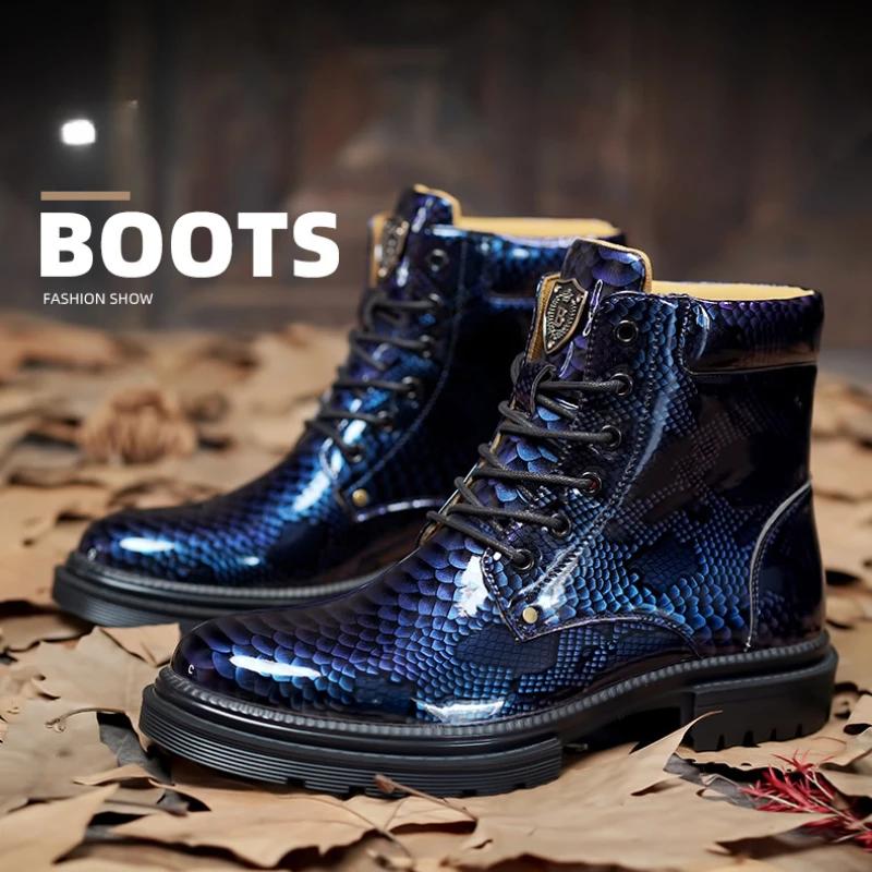 Genuine Leather Men's Boots Retro Snake Pattern Design Men's Chelsea Boots 2025 New Street Trend Shoes for Men Botas Para Hombre