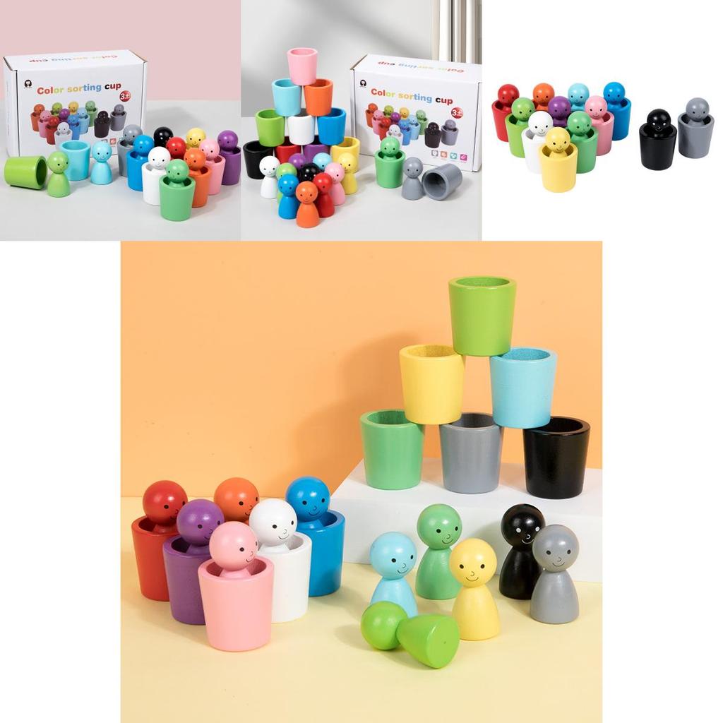 Montessori Farb-Sortierbecher aus Holz für Kinder Hand-Auge-Koordination Lernspielzeug