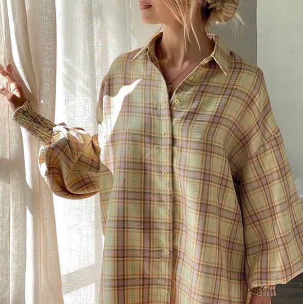 Women Spring Autumn Temperament Large Lapel Collar Plaid Shirt Loose Blouses Long Lantern Sleeve Cardigan S-XL