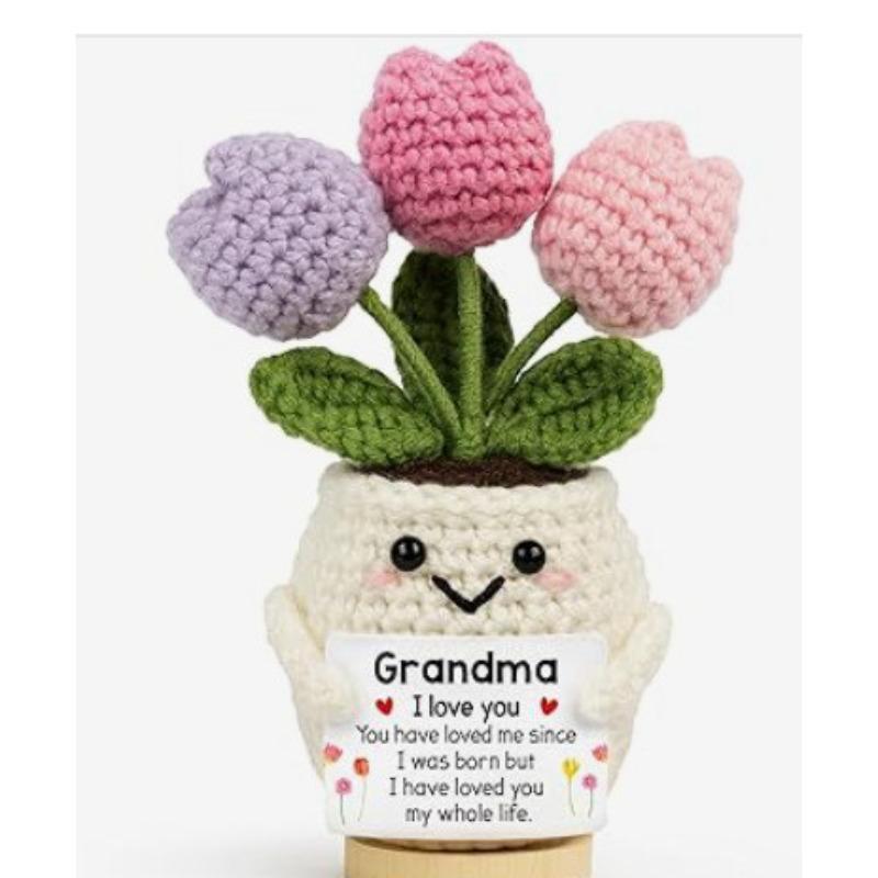 

Tulip Potted Plant Positive Crochet Animals Doll With Card Desktop Ornament Emotional Support Handmade Knitted Cheer Up Toy without base
