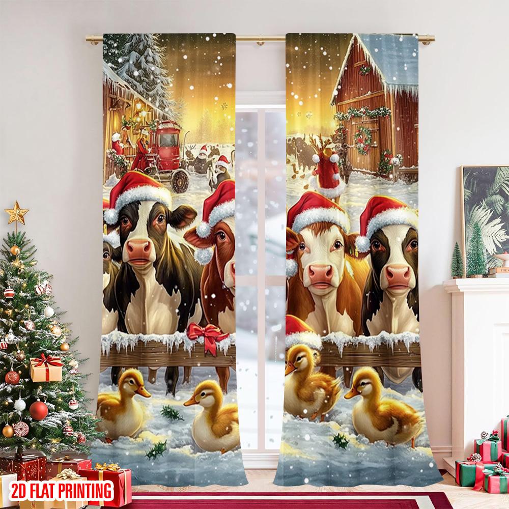 Flat Printing Christmas Curtains Merry Farm Cute Animals Versatile Polyester Without Electricity Family Party Curtain Set Of 2 Made Washable