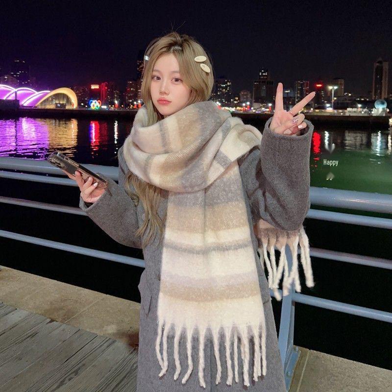 Korean Style Plaid Mohair Scarf - Women's Winter Imitation Cashmere Shawl