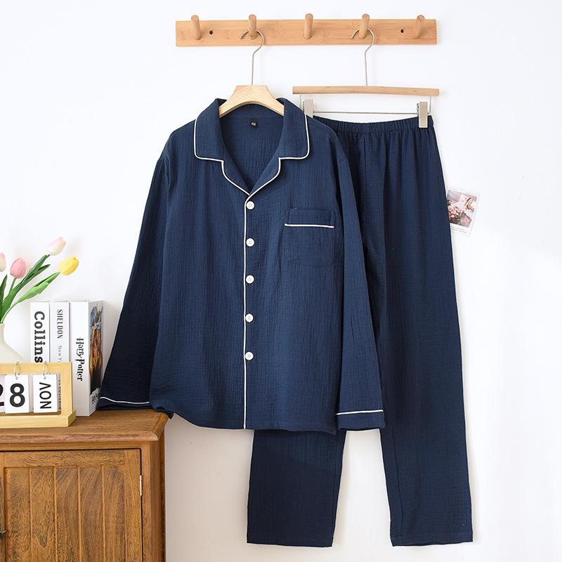 Japanese Couple's Pajamas Set: Plain Cotton, Loose Fit, Unisex, Plus Size, for Spring & Autumn.