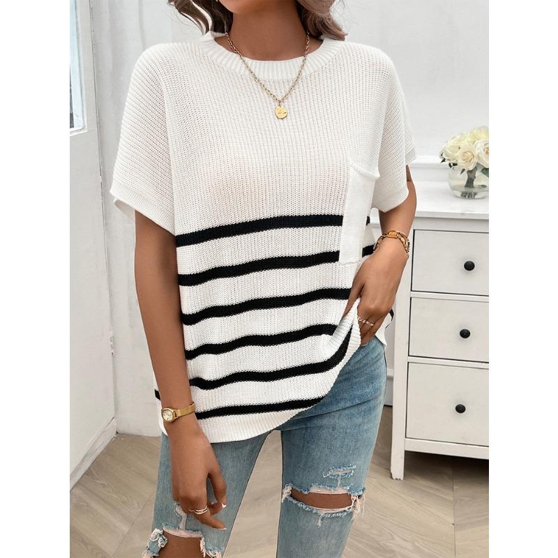 Tops Women's Elegant Round Neck Striped Contrast Short-sleeved Sweater