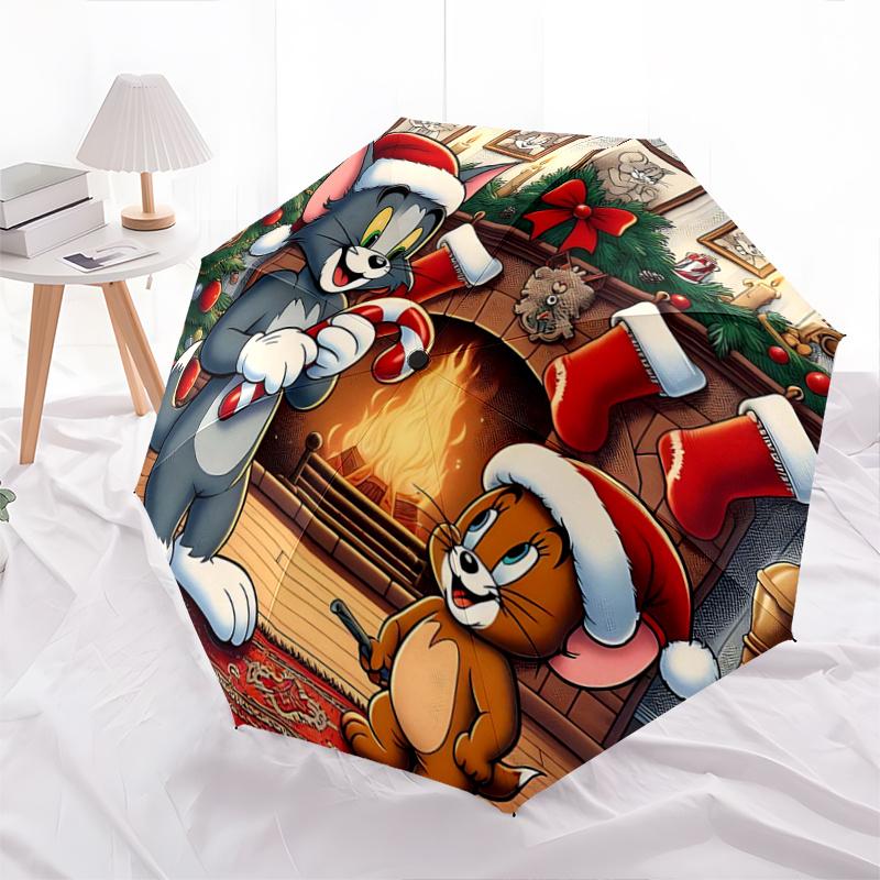 

1pc Tom and Jerry s Christmas Adventure Automatic 3-Fold Umbrella Design, Cute Cartoon Pattern, Portable Outdoor Umbrella, Perfect, Holiday Gift for F