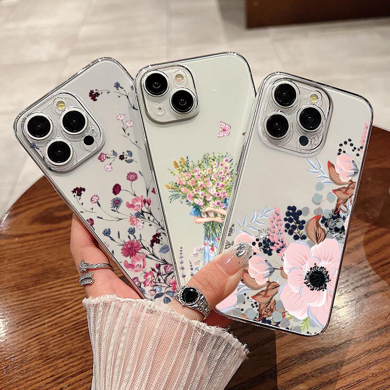 For iPhone 15 Pro Max 14 13 Pro 12 11 Phone Cover Beautiful Floral Pattern Clear Shockproof Slim PC Hard Case