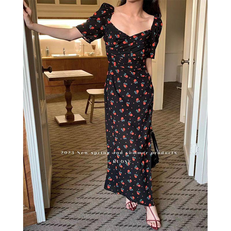 

French Style Vintage Floral Pleated Dress Women s Korean Style Niche High-End Accessible Luxury Design Texture Hip-Wrapped Tea Break Chic Black L