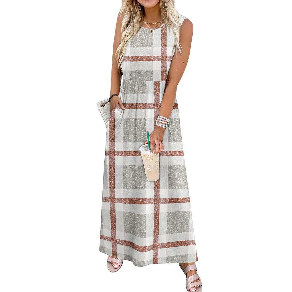 Ladies' Plaid Printed Casual and Fashionable Waist Cinched Sleeveless Dress