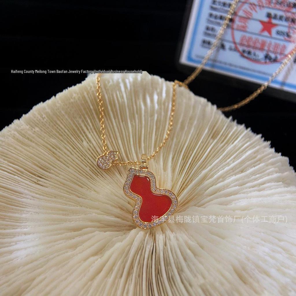 Gold Qilin Gourd Necklace with Red Chalcedony and 18k Rose Gold Clavicle Chain
