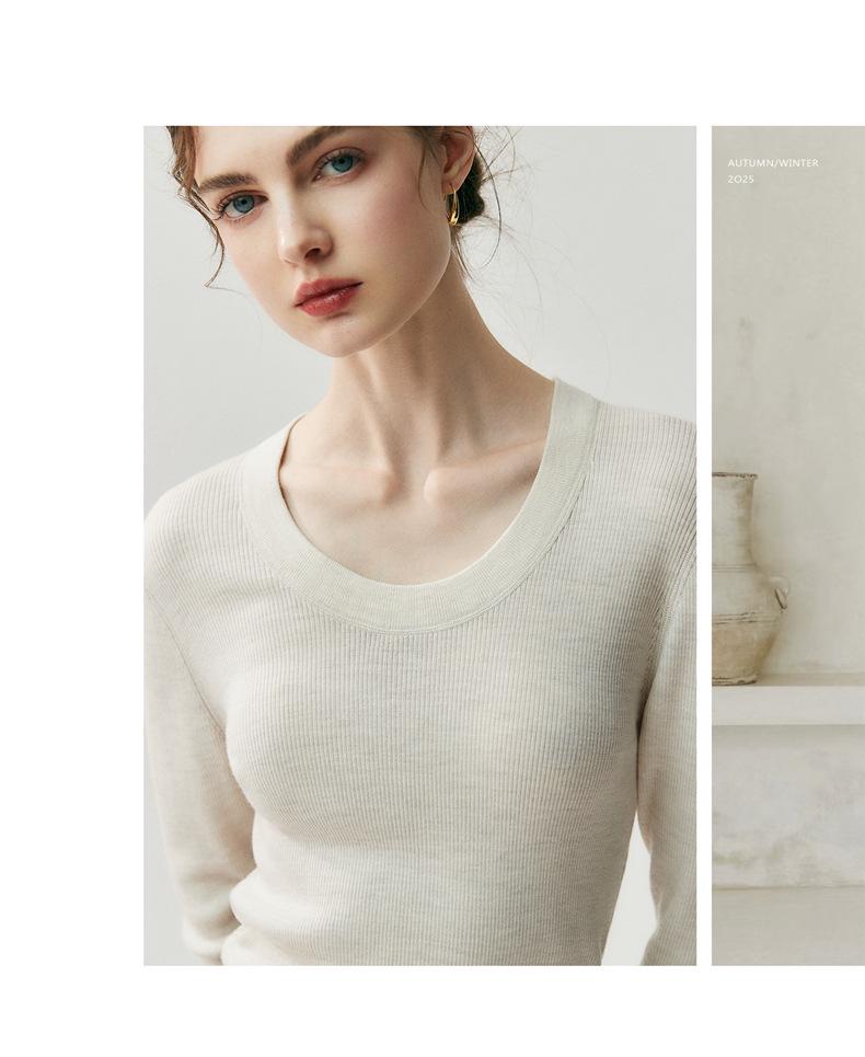 100% Wool Slim Fit U-Neck Seamless Knitted Sweater